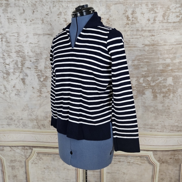 Cyrus XS Navy White Striped Sweater Nautical Pullover Collared V-Neck Resort - Picture 3 of 8